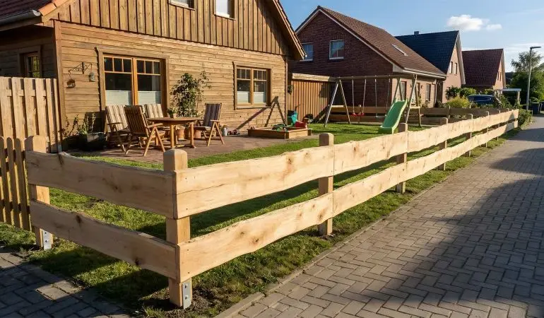 Rancherzaun Eiche aus massivem Eichenholz mit zwei waagerechten Bohlen als offener Grundstückszaun entlang Gehweg vor Einfamilienhaus.