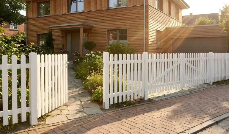 Retro Gartenzaun in Weiß aus Holz mit Gartentor und Einfahrtstor vor modernem Holzhaus mit Vorgarten an einer Pflasterstraße.