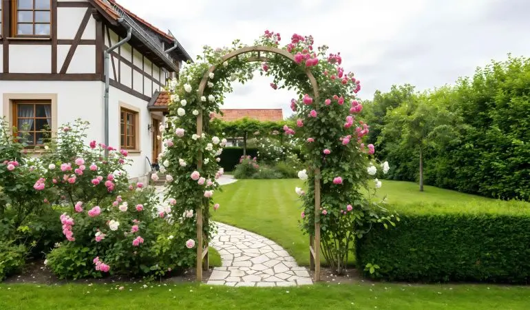 Holzbogen mit üppig blühenden Kletterrosen über einem Gartenweg, umgeben von Rosenbeeten und einem Fachwerkhaus.