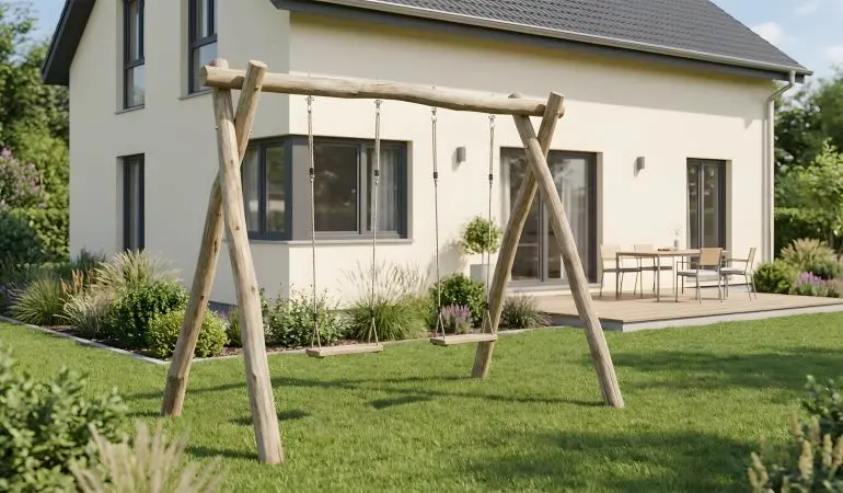 Schaukel Robinie Leander im Garten, stabiles Holzgestell mit zwei Schaukelsitzen, sicherer Stand auch bei kräftigem Schaukeln