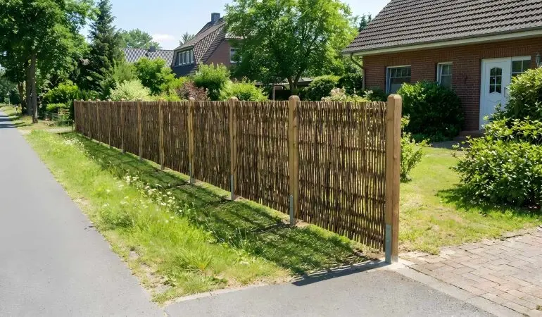Sichtschutz Haselnuss mit senkrecht geflochtenen Ruten an Holzpfosten, entlang Gehweg