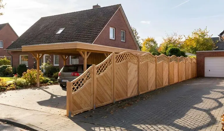 Sichtschutzzaun Douglasie Taunus, verschiedene kombinierte Zaunelemente mit Rankgittern auf Grundstücksgrenze zwischen Einfahrten.