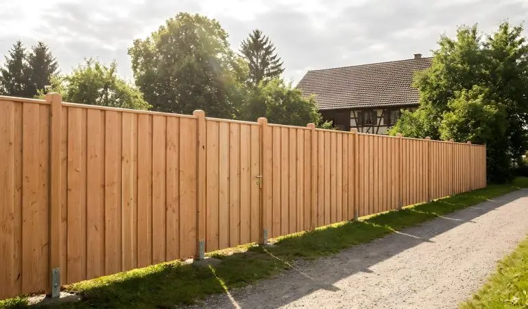 Sichtschutzzaun Douglasie Kriens, naturfarbene Holzfelder mit senkrechten Brettern entlang Grundstücksgrenze am Weg