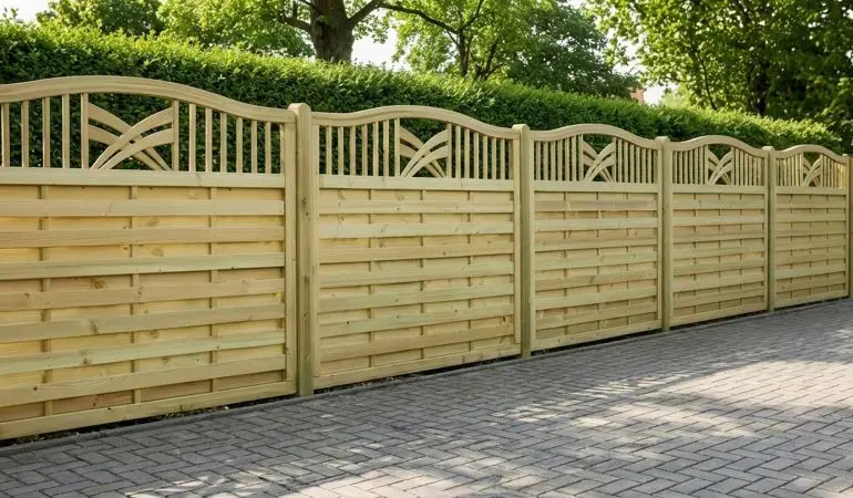 Sichtschutzzaun Rondo aus Holz, grün druckimprägniert, mit geschwungenem Rahmen und Ornamenten, im Garten montiert.