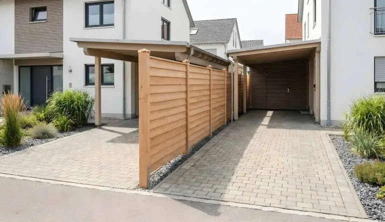 Steckzaun Holz Aarberg aus naturbelassener Douglasie als blickdichter Holz Sichtschutz zwischen zwei modernen Carports in der Einfahrt