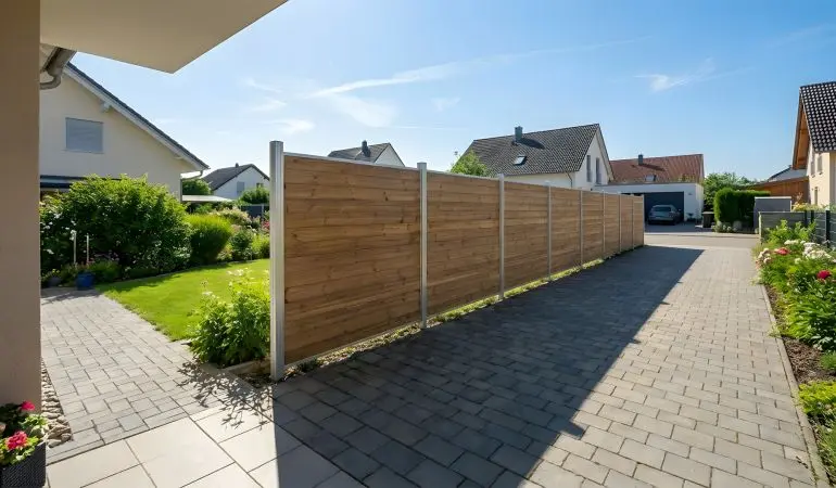 Thermo Holzzaun mit horizontalen Holzlamellen zwischen Aluminiumpfosten, montiert als Trennung zwischen Vorgarten und Einfahrt.