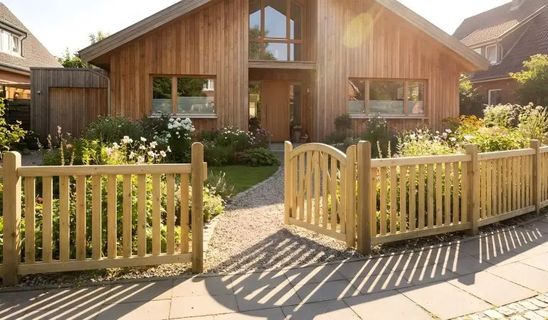 Vorgartenzaun Ligno aus naturfarbenem Holz mit gebogenem Gartentor vor Einfamilienhaus mit Holzfassade und Vorgartenbeeten