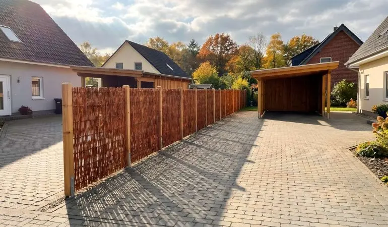 Weidenzaun Standard, braunes Weidengeflecht mit Holzpfosten, gerader Verlauf entlang gepflasterter Einfahrt