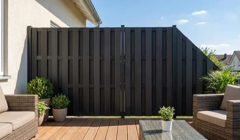 Blickdicht und stilvoll: WPC Lamellenzaun mit anthrazitgrauen Elementen in 180 x 180 cm, 90 x 180 cm und 90 x 180 auf 90 cm