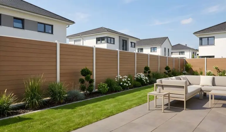 WPC Sichtschutzblenden Mölln in Teak mit horizontalen Lamellen und silbernen Pfosten, Terrasse im Garten