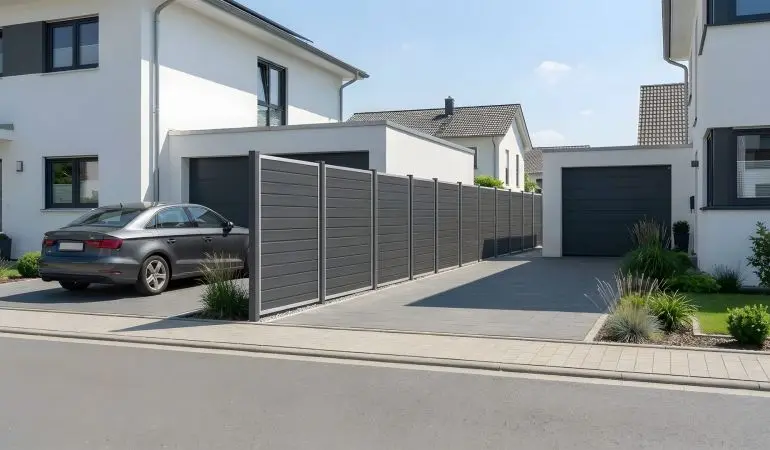WPC Steckzaun Atura in Schiefergrau mit horizontalen Lamellen, seitliche Einfriedung einer Einfahrt