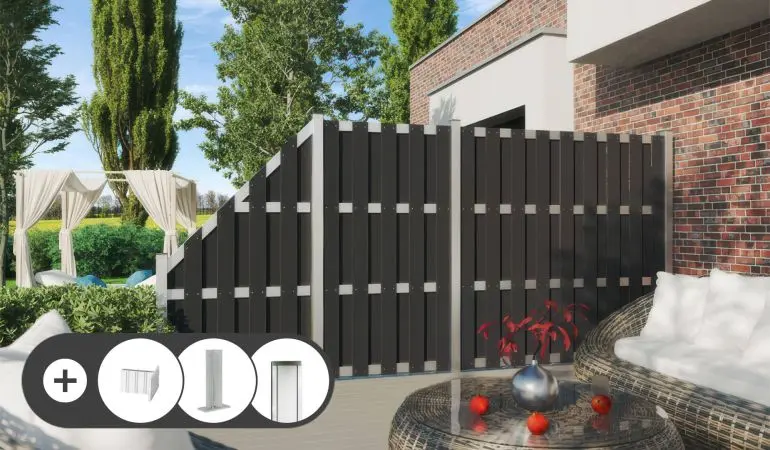 Das Komplettset der WPC Zäune Grevesmühlen ist einfach zusammengestellt und enthält zudem alles Zubehör für die Montage. Auswählbar in Anthrazit, Braun oder Grau