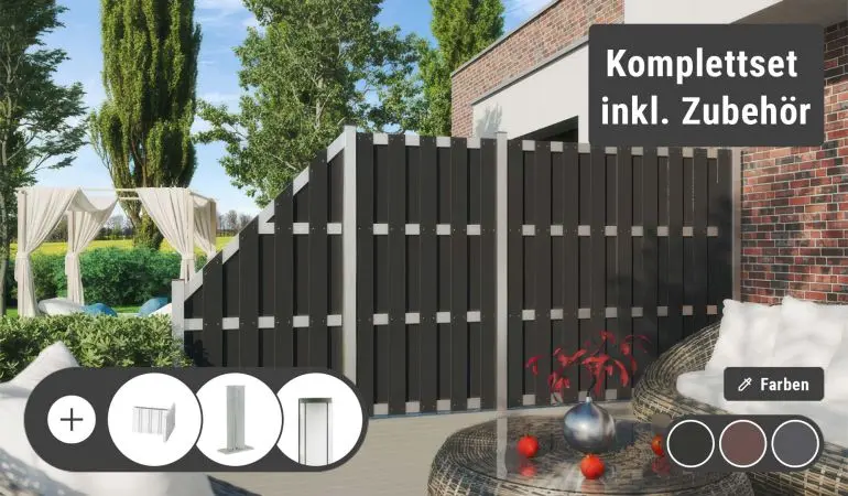 Das Komplettset der WPC Zäune Grevesmühlen ist einfach zusammengestellt und enthält zudem alles Zubehör für die Montage. Auswählbar in Anthrazit, Braun oder Grau
