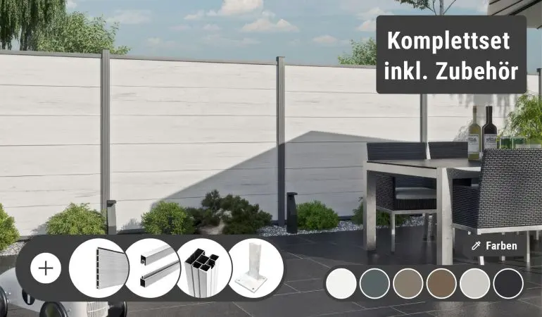 WPC Zaun Schwerin – unkompliziert konfiguriert, schnell geliefert! Länge, Farbe, Befestigung und optional ein Tor dazu wählen – wir versenden das Komplettset inkl. Zubehör frei Bordsteinkante zu Ihnen.