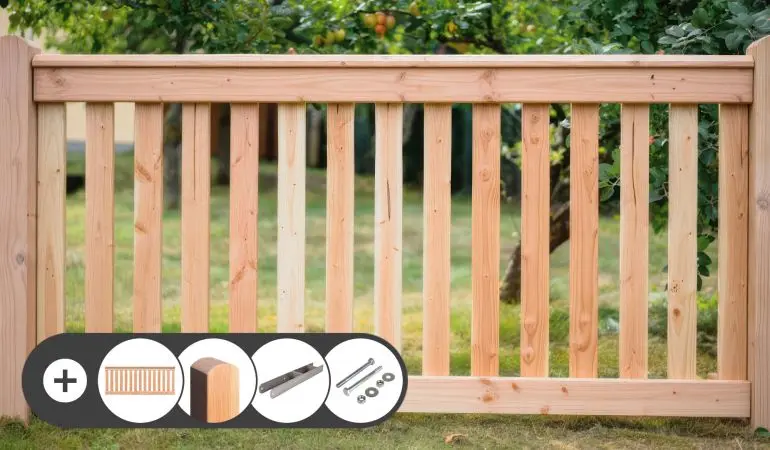 Das Komplettset der Zaunelemente aus Douglasie erhalten Sie mit allen nötigen Zubehörteilen für eine einfache Montage frei Bordsteinkante geliefert.