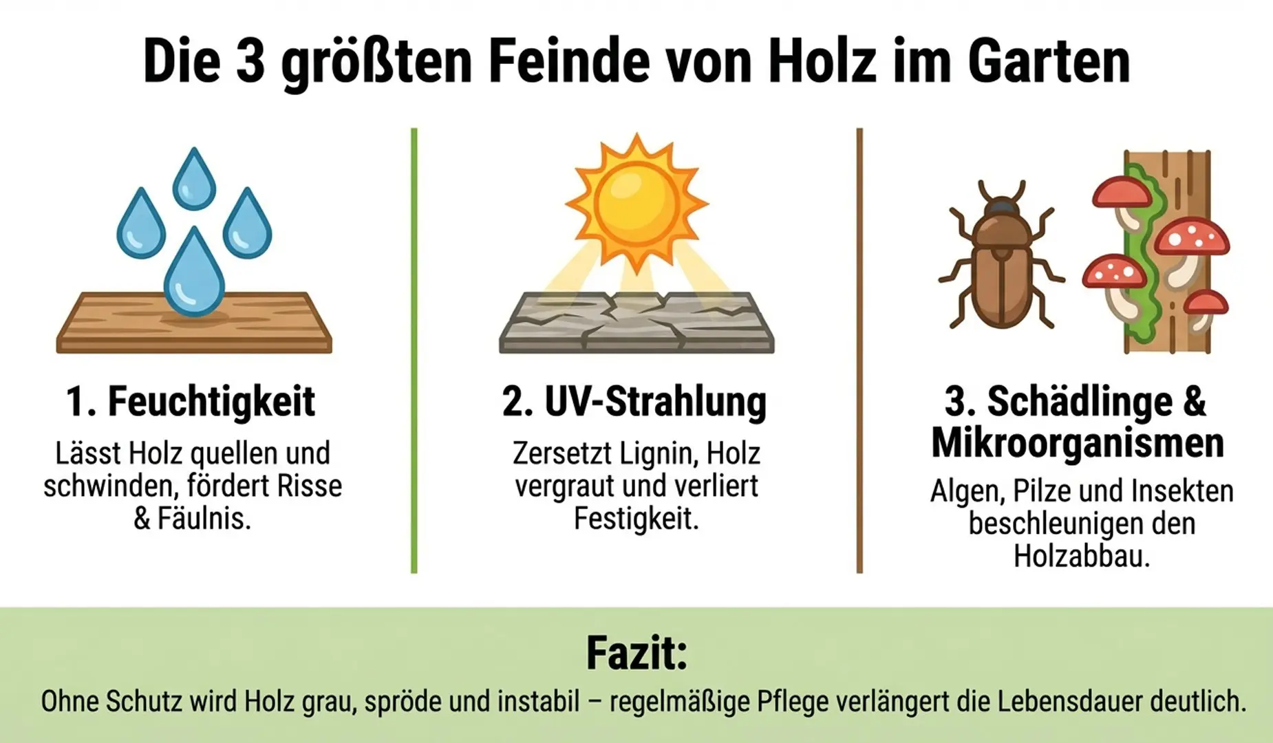Infografik zu Holzschutz: 3 Feinde von Holz im Garten – Feuchtigkeit, UV-Strahlung, Schädlinge/Mikroorganismen.