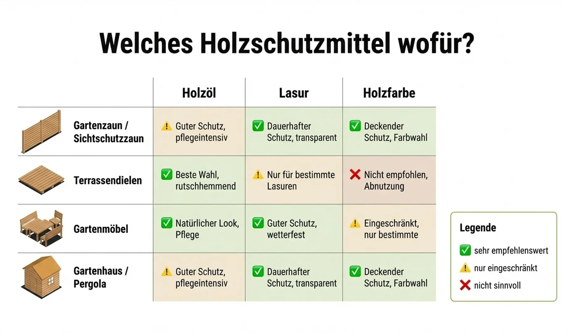 Holzschutz-Matrix: Holzöl, Lasur oder Holzfarbe für Zaun, Terrassendielen, Möbel, Gartenhaus empfohlen.