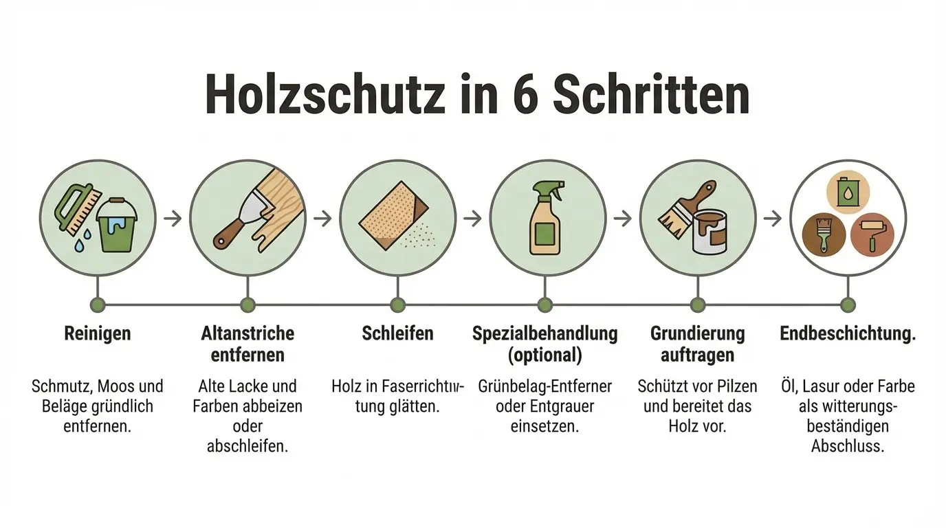 Infografik: Holzschutz in 6 Schritten – reinigen, Altanstrich entfernen, schleifen, behandeln, grundieren, endbeschichten.