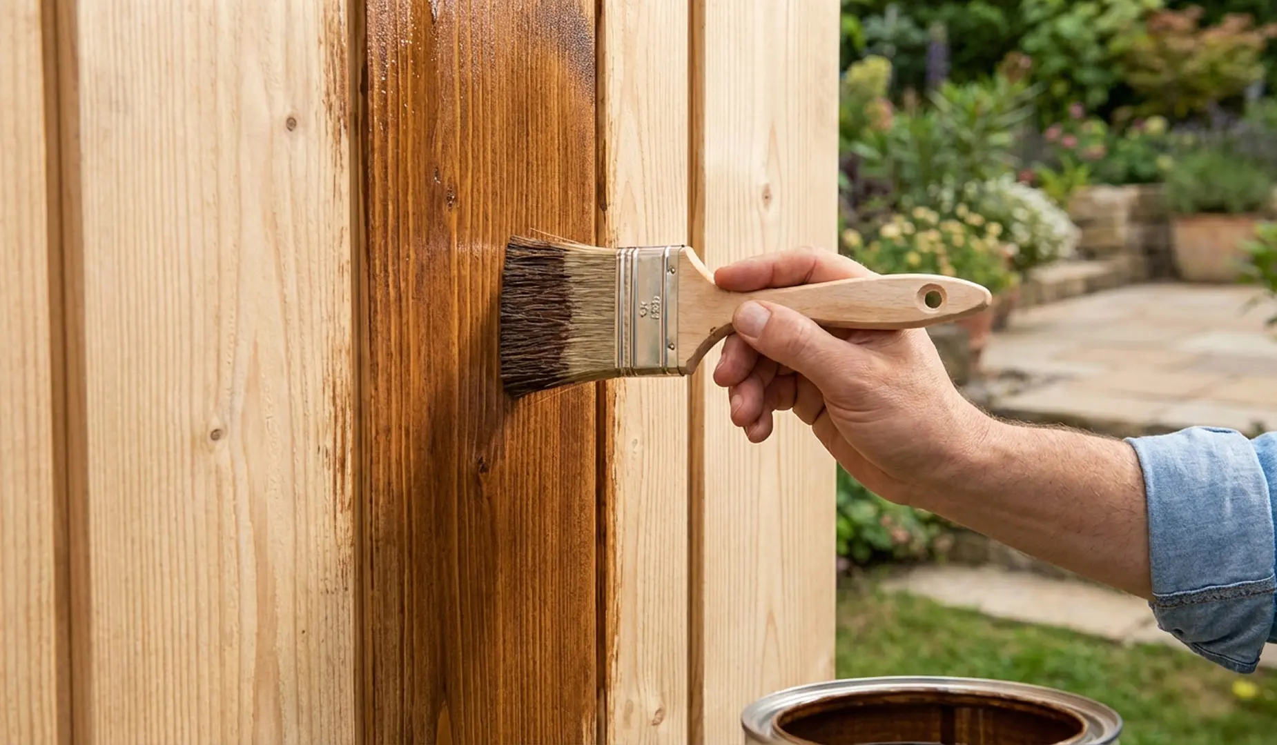 Holzschutz: Hand streicht mit Pinsel braune Lasur auf Holzzaun, Farbdose im Vordergrund.