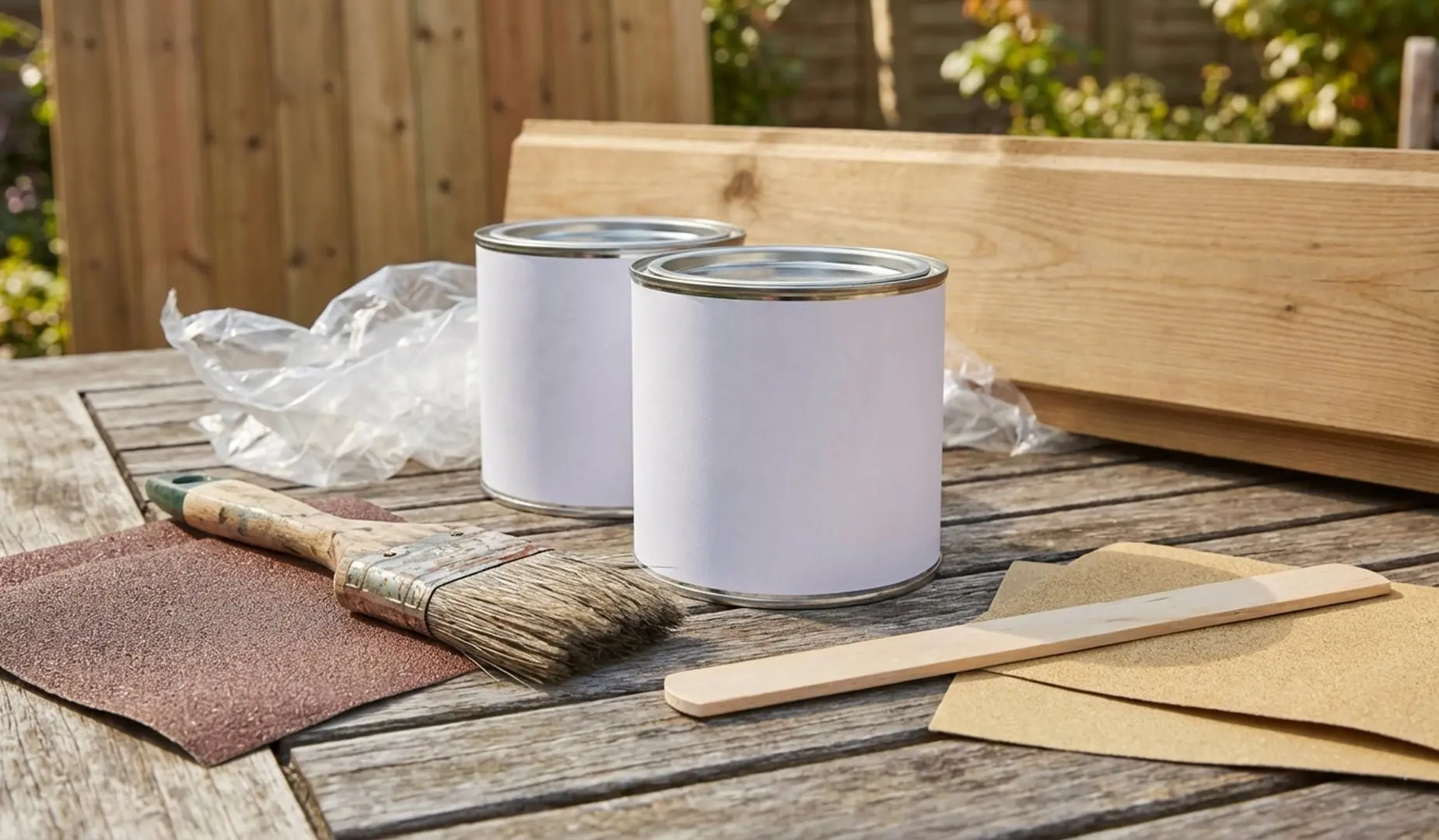 Holzschutz-Set auf Gartentisch: zwei Farbdosen, Pinsel, Schleifpapier und Holzbrett für Anstricharbeiten.