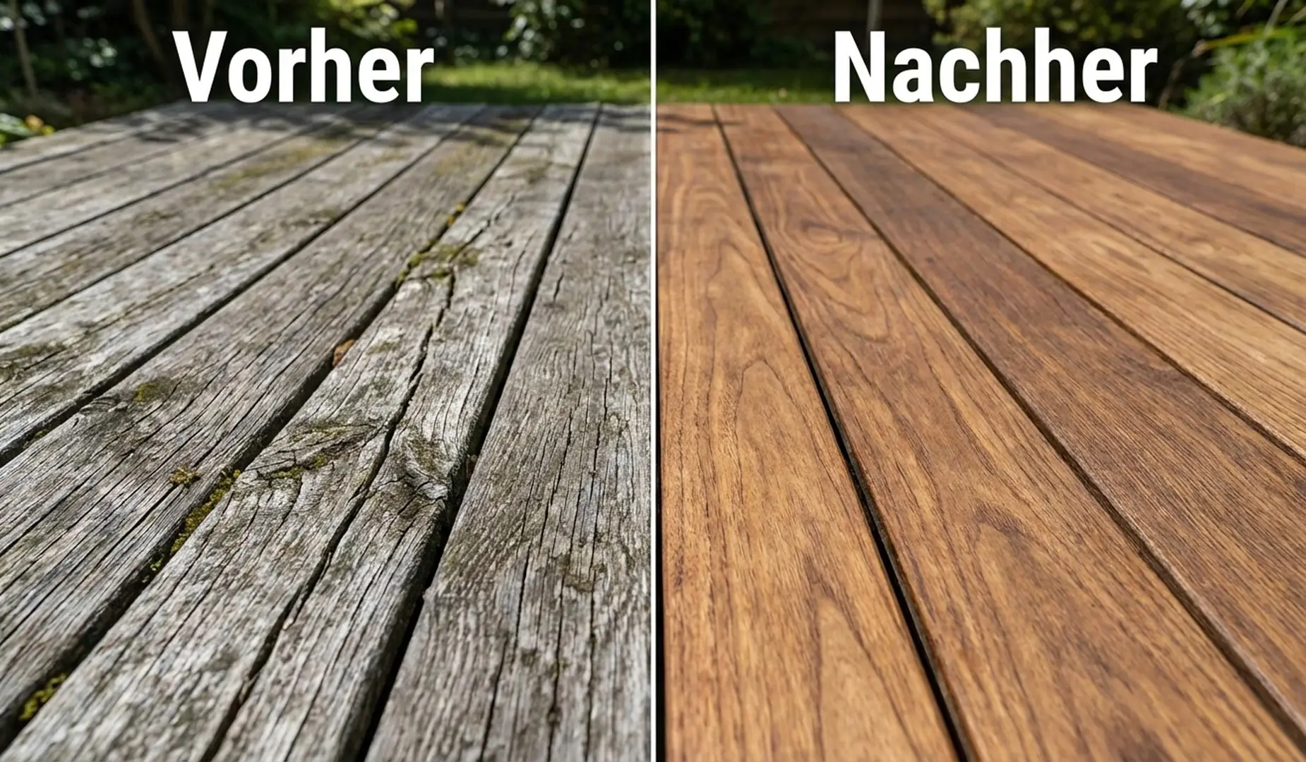 Holzschutz Vorher-Nachher: verwitterte graue Holzterrasse links, geölte/lasierte braune Dielen rechts.