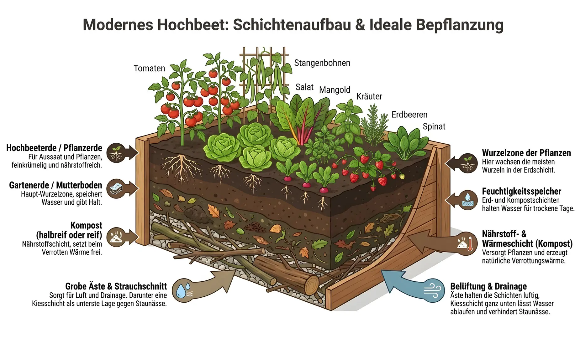 Querschnitt Hochbeet mit Erd-, Kompost- und Drainageschichten, bepflanzt mit Gemüse, Kräutern und Obst