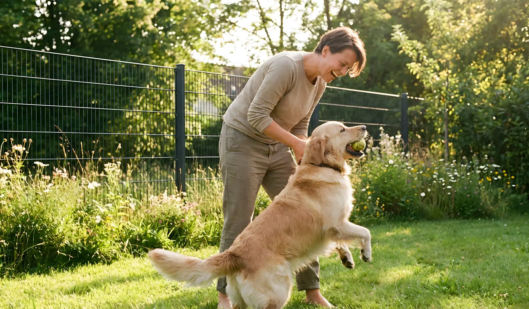 Person spielt mit Golden Retriever im Garten vor anthraziten Doppelstabmatten-Hundezaun