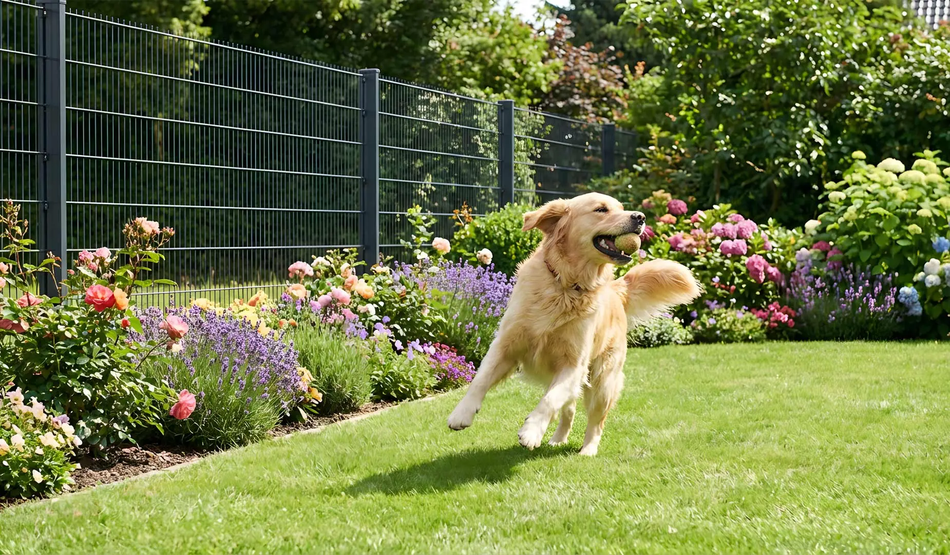 Golden Retriever läuft mit Ball über Rasen im Garten, entlang eines schwarzen Doppelstabmatten-Hundezauns und Blumenbeeten