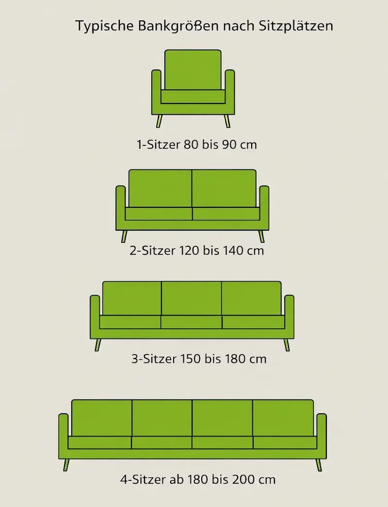 Die Maße geben an, wie Gartenbänke im Handel typischerweise kategorisiert Infografik mit typischen Bankgrößen im Überblick