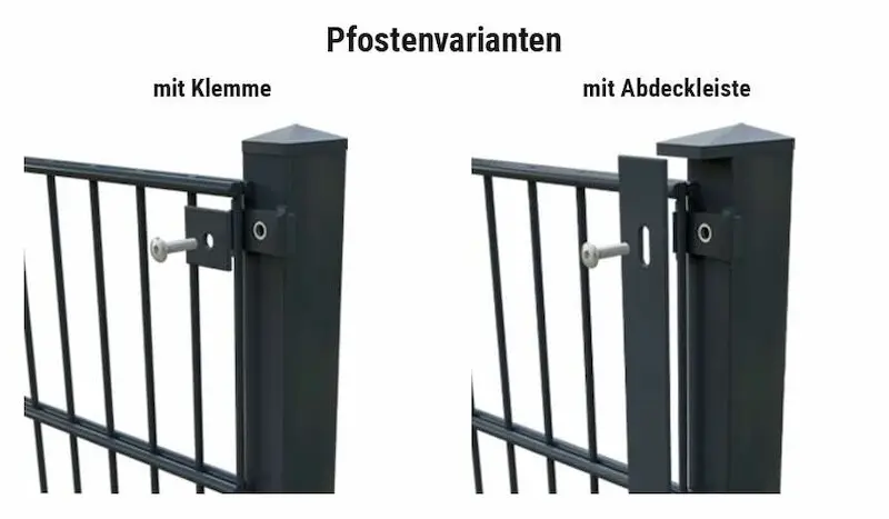 60 x 40 mm Pfosten für Doppelstabmatten im Vergleich: Klemme vs. Abdeckleiste
