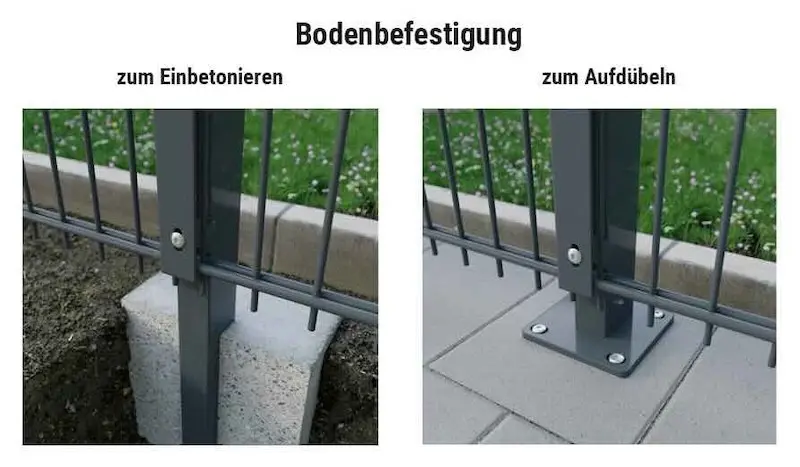 Pfostenprofil 60/40 für Doppelstabmatten, Verankerung im Vergleich: Einbetonieren vs. Aufdübeln