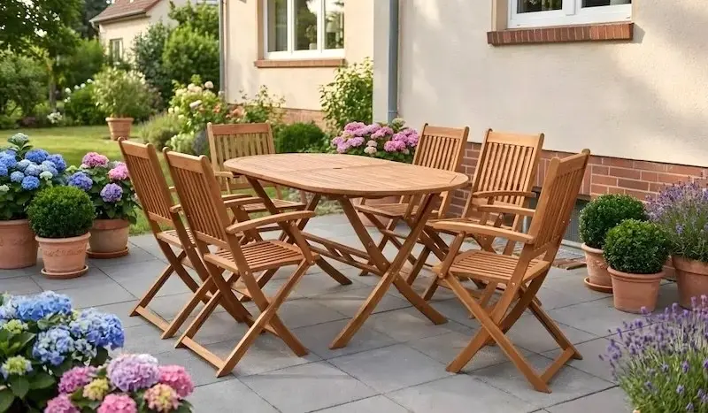 Ein Garten-Set macht die Planung einfach und das Ergebnis schön Garten-Set aus Akazienholz für 6 Personen auf Terrasse, Tisch und Stühle klappbar