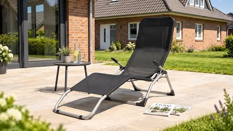 Gartenliegen aus Metall sind flexibel einsetzbar und passen zu vielen verschiedenen Einrichtungsstilen Schlichte Gartenliege aus Metall mit Textilbespannung auf Terrasse