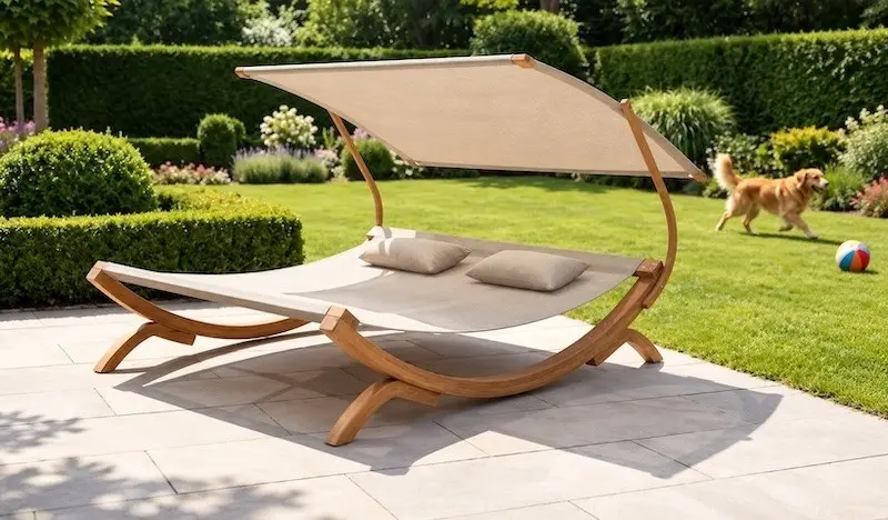 Dieses Daybed kombiniert die Funktionen eines Sofas mit einer Doppelsonnenliege, das Dach sorgt für Schatten Hochwertiges Daybed für zwei Personen mit Dach in Beige