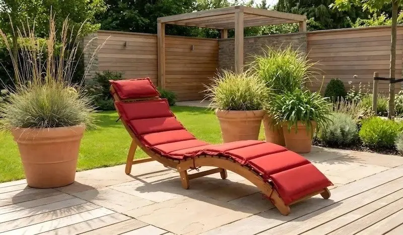Diese klappbare Holzgartenliege verspricht durch ihre ergonomische Form und das Polster viel Komfort Ergonomische Gartenliege aus Holz mit roter Polsterauflage auf Holzterrasse