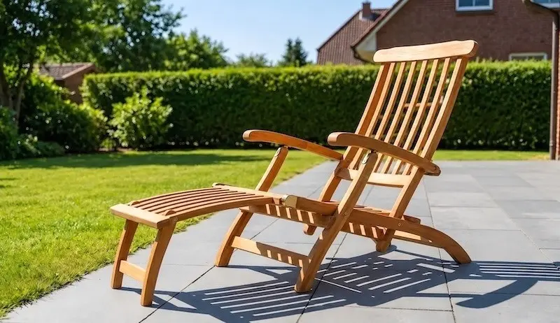 Dieses Daybed kombiniert die Funktionen eines Sofas mit einer Doppelsonnenliege, das Dach sorgt für Schatten Robuster Liegestuhl aus Holz auf Steinterrasse