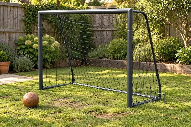 Fußballtor für den Garten Schwarzes Fußballtor mit Ball auf leicht bespieltem Rasen vor einem Gartenzaun