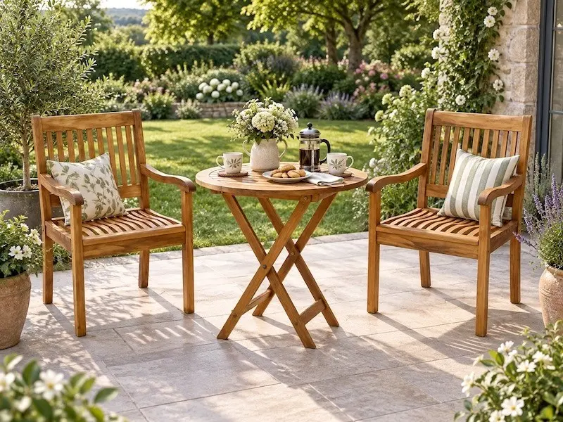 Gartenstühle aus Holz zeichnen sich durch eine natürliche Optik und warme Haptik aus. Sie passen zu vielen Gartenstilen Zwei Gartenstühle aus Holz stehen neben Bistrotisch auf Terrasse, die sich zum Garten hin öffnet