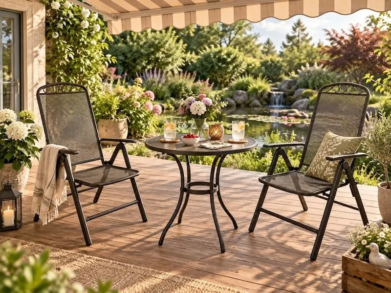 Gartenstühle aus Streckmetall sind unkomplizierte Leichtgewichte, die sich flexibel einsetzen lassen und zu vielen Gartenstilen passen Zwei Hochlehner aus Streckmetall neben Bistrotisch auf Terrasse, die von Markise bedeckt wird