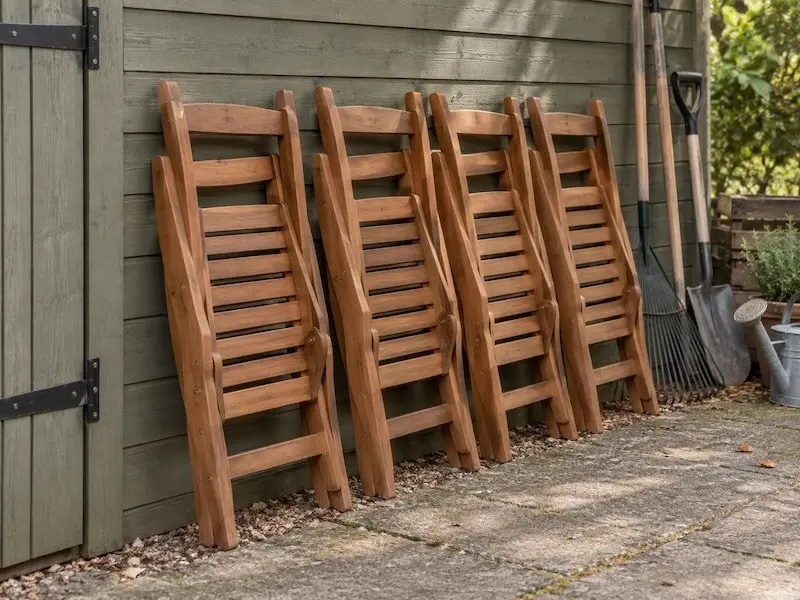 Klappstühle lassen sich nach Gebrauch zusammenklappen und benötigen dadurch wenig Lagerfläche Vier zusammengeklappte, aufrecht an eine Schuppenwand gestellte Klappstühle aus Holz