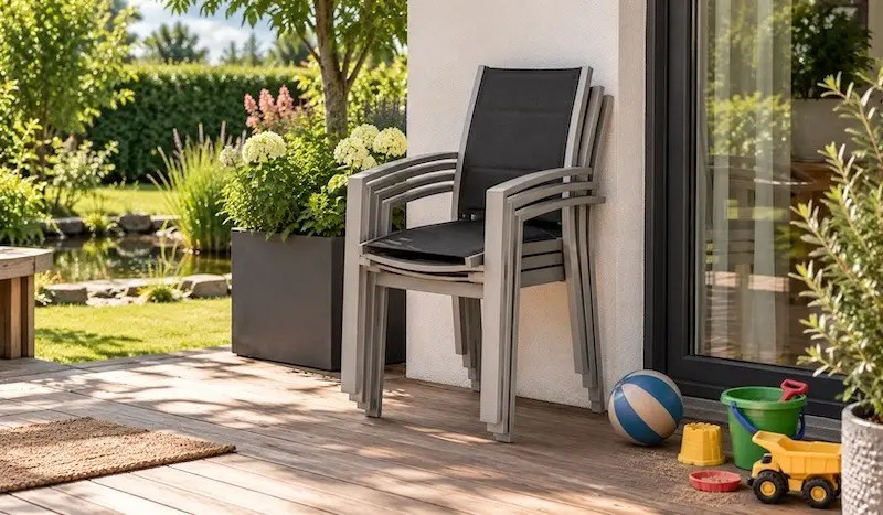 Stapelstühle spielen ihre Stärke gerade in größerer Anzahl aus, da sie gestapelt nur wenig Grundfläche benötigen Drei übereinander gestapelte Stapelsessel aus Aluminium auf Holzterrasse neben Terrassentür