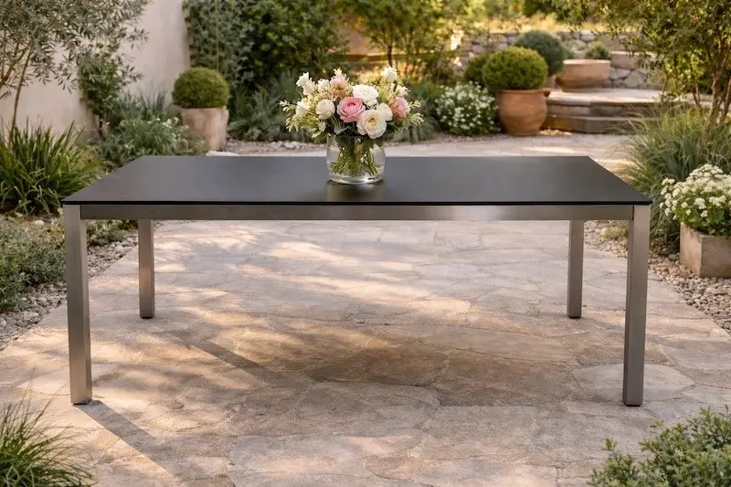 Gartentisch aus Edelstahl mit Blumenstrauß in mediterranem Umfeld