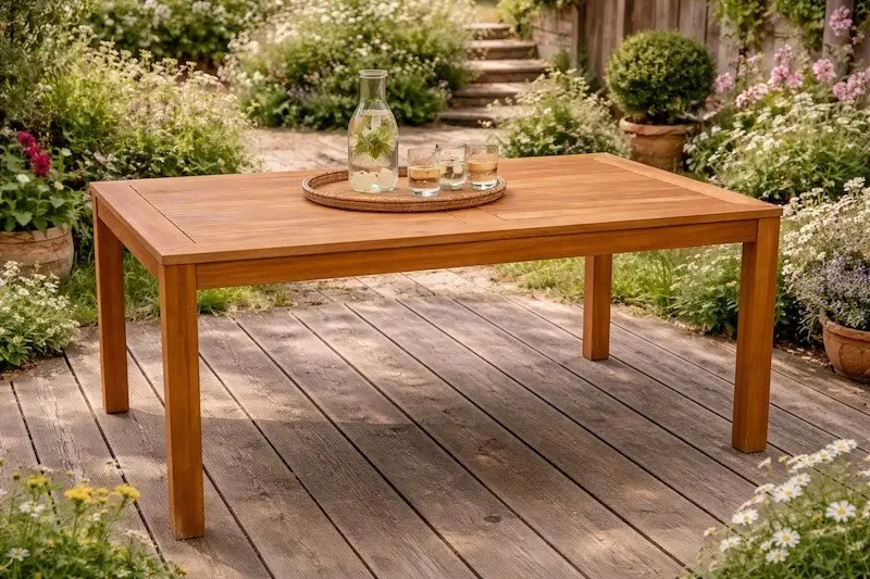 Gartentisch aus Holz auf Holzterrasse in Bauerngarten