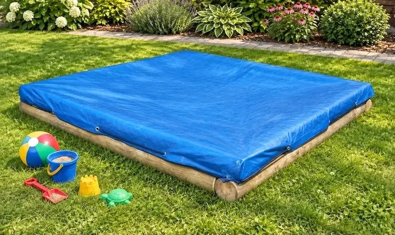 Sandkasten mit Abdeckplane Sandkasten aus Holz mit blauer Abdeckplane, Ball und Sandspielzeug im Garten