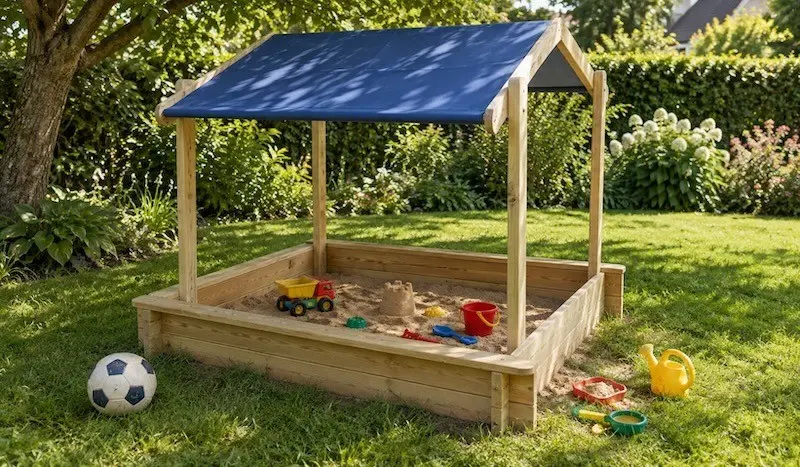Sandkasten mit Dach als Sonnenschutz Sandkasten aus Holz mit blauem Dach als Sonnenschutz und Sandspielzeug im Garten