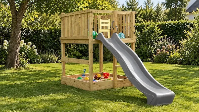 Spielturm mit Rutsche und Sandkasten Spielturm mit grauer Rutsche und integriertem Sandkasten im Garten