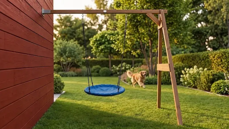 Anbauschaukel an der Hauswand Holzschaukel mit Nestschaukel als Anbau an einer Hauswand im Garten