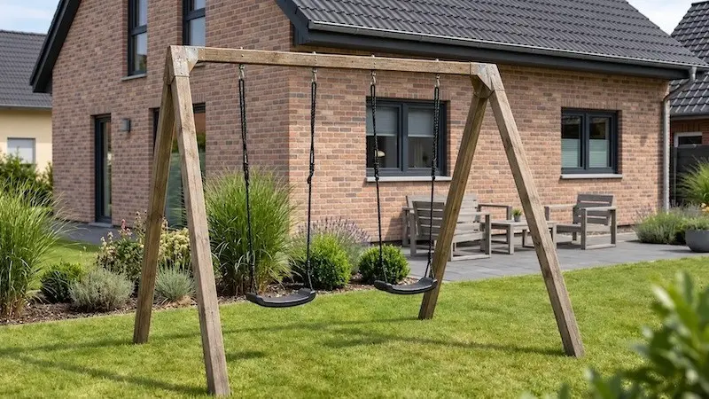Doppelschaukel aus Holz Holzschaukel mit zwei Schaukelsitzen auf einer Rasenfläche vor dem Haus