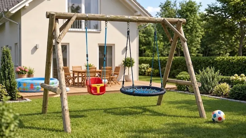 Doppelschaukel aus Kiefernholz Kiefernholz-Schaukel mit Babyschaukel und Nestschaukel im Garten
