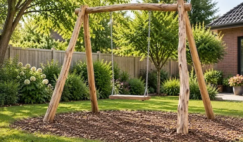 Soloschaukel aus Robinienholz Einzelschaukel aus Robinienholz mit Holzsitz auf Fallschutzfläche im Garten